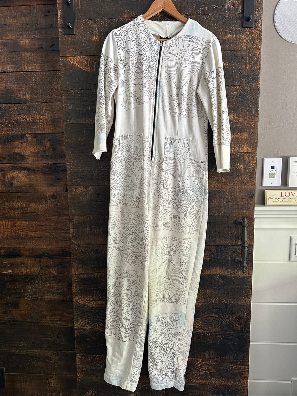 Light Gray Graphic Zip-Front Jumpsuit (Handmade)